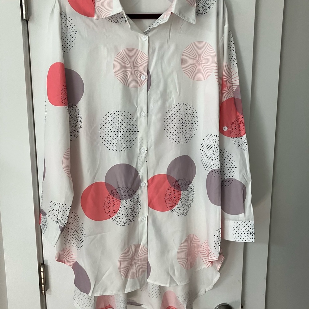 Elegant Women's Button Down Shirt - White with Red and Purple Circles